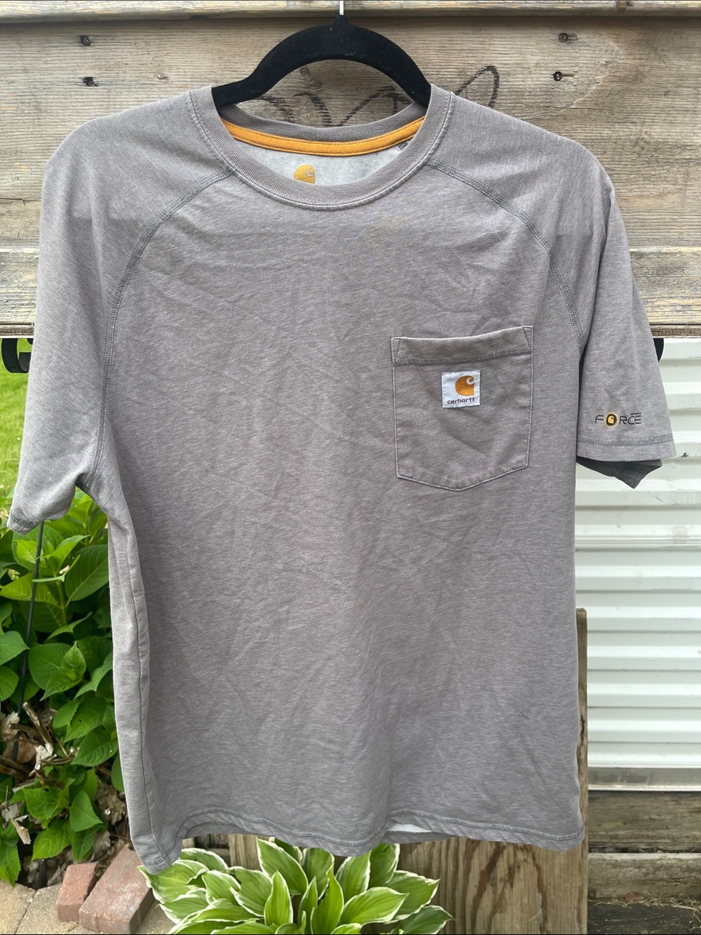 Carhartt Short-Sleeve Pocket Tee in Taupe/Gray with Yellow Trim Two for one M